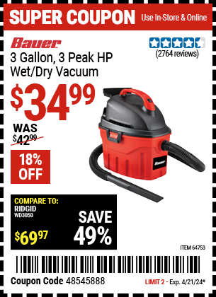 BAUER: 3 Gallon, 3 Peak HP Wet/Dry Vacuum