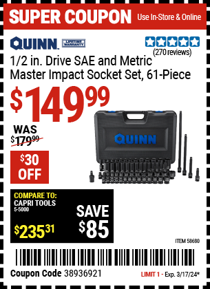 QUINN: 1/2 in. Drive SAE and Metric Master Impact Socket Set, 61 Piece