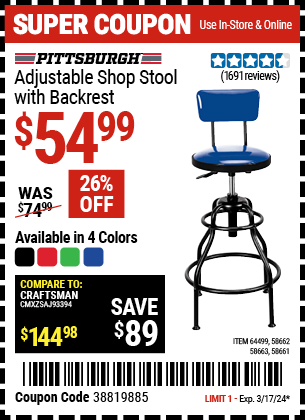 PITTSBURGH AUTOMOTIVE: Adjustable Shop Stool with Backrest, Black