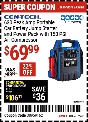 CEN-TECH: 630 Peak Amp Portable Car Battery Jump Starter and Power Pack with 150 PSI Air Compressor