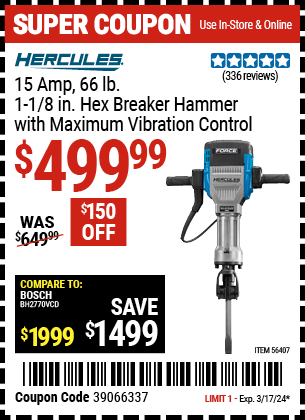 HERCULES: 15 Amp 66 Lb. 1-1/8 in. Hex Breaker Hammer with Maximum Vibration Control