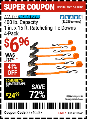 HAUL-MASTER: 400 lb. Capacity, 1 in. x 15 ft. Ratcheting Tie Downs, 4-Pack