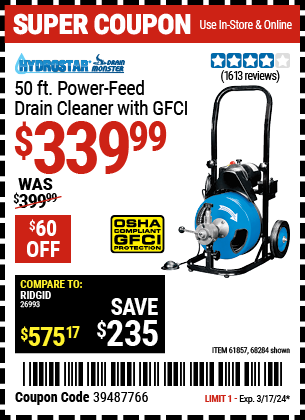 HYDROSTAR DRAINMONSTER: 50 ft. Power-Feed Drain Cleaner with GFCI