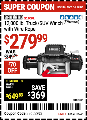 BADLAND ZXR: 12,000 lb. Truck/SUV Winch with Wire Rope