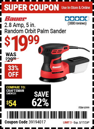 BAUER: 2.8 Amp, 5 in. Random Orbit Palm Sander