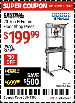 CENTRAL MACHINERY: 20 Ton H-Frame Floor Shop Press