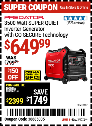 PREDATOR: 3500 Watt SUPER QUIET Inverter Generator with CO SECURE Technology