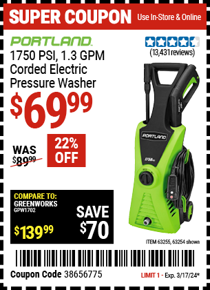 PORTLAND: 1750 PSI 1.3 GPM Corded Electric Pressure Washer