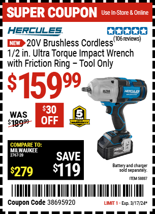 HERCULES: 20V Brushless Cordless 1/2 in. Ultra Torque Impact Wrench with Friction Ring - Tool Only