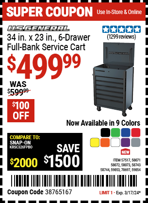 U.S. GENERAL: 34 in. x 23 in., 6-Drawer, Full-Bank Service Cart