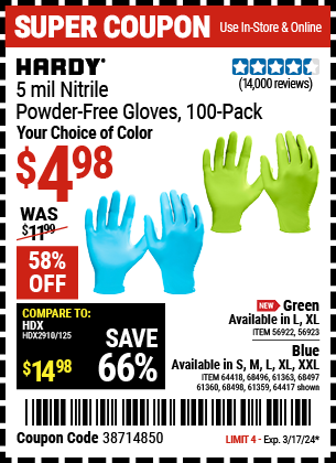 HARDY: 5 mil Nitrile Powder-Free Gloves, 100-Pack, Large, Light Blue