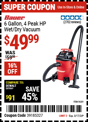 BAUER: 6 Gallon, 4 Peak HP Wet/Dry Vacuum