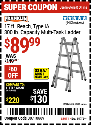 FRANKLIN: 17 ft. Reach, Type IA, 300 lb. Multi-Task Ladder