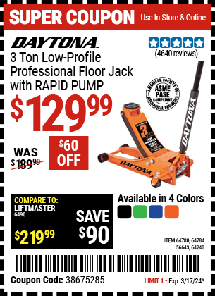 DAYTONA: 3 Ton Low-Profile Professional Floor Jack with RAPID PUMP