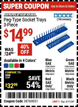 U.S. GENERAL: Peg-Type Metric Socket Tray, 3 Piece