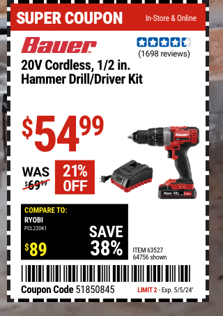 BAUER: 20V Cordless, 1/2 in. Hammer Drill/Driver Kit - coupon