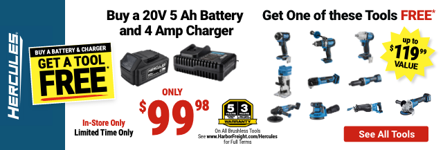 HERCULES: BUY A BATTERY & CHARGER, GET A TOOL FREE. ONLY \\$99.98