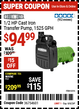 DRUMMOND: 1/2 HP Cast Iron Transfer Pump 1525 GPH