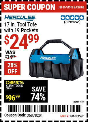 HERCULES: 17 in. Tool Tote with 19 Pockets