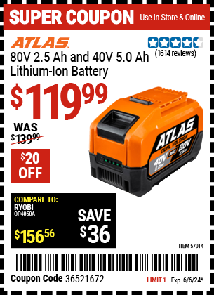 ATLAS: 80V 2.5 Ah and 40V 5.0 Ah Lithium-Ion Battery