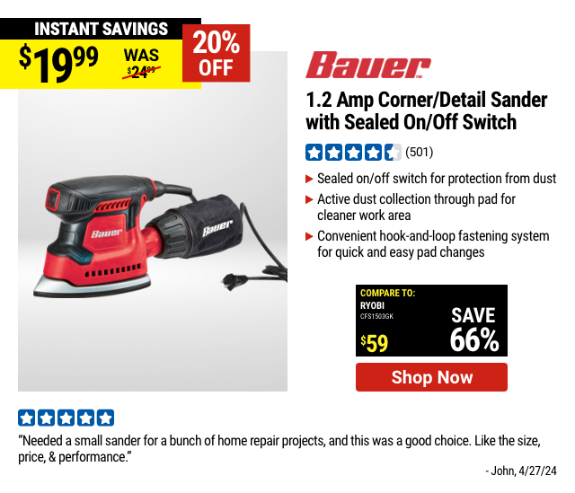 BAUER: 1.2 Amp Corner/Detail Sander with Sealed On/Off Switch