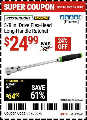 PITTSBURGH: 3/8 in. Drive Flex-Head Long Handle Ratchet