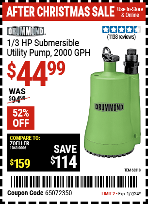 DRUMMOND: 1/3 HP Submersible Utility Pump 2000 GPH