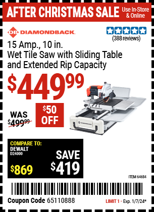 DIAMONDBACK: 15 Amp 10 in. Wet Tile Saw with Sliding Table and Extended Rip Capacity
