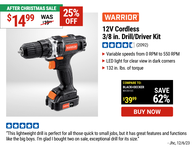 WARRIOR: 12V Cordless 3/8 in. Drill/Driver Kit