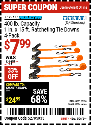 HAUL-MASTER: 400 lb. Capacity, 1 in. x 15 ft. Ratcheting Tie Downs, 4-Pack