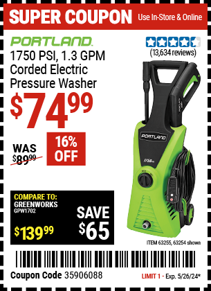 PORTLAND: 1750 PSI 1.3 GPM Corded Electric Pressure Washer