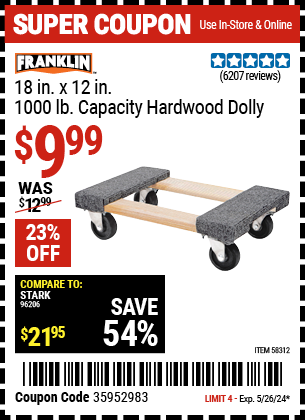 FRANKLIN: 18 in. x 12 in. 1000 lb. Capacity Hardwood Dolly