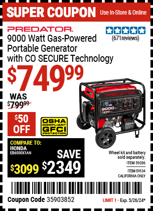 PREDATOR: 9000 Watt Gas Powered Portable Generator with CO SECURE Technology, EPA