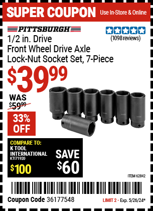 PITTSBURGH AUTOMOTIVE: 1/2 in. Drive Front Wheel Drive Axle Lock-Nut Socket Set, 7-Piece