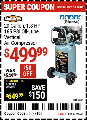 MCGRAW: 29 gallon, 1.8 HP, 165 PSI Oil-Lube Vertical Air Compressor