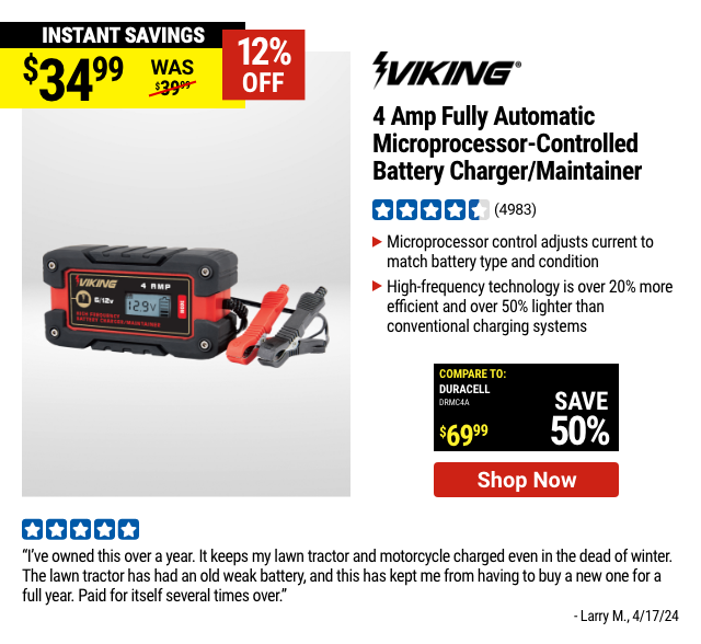 VIKING: 4Amp Fully Automatic Microprocessor-Controlled Battery Charger/Maintainer