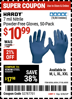 HARDY: 7 mil Nitrile Powder-Free Gloves, 50 Pack, X-Large