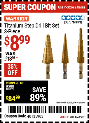 WARRIOR: 1/8 in. - 3/4 in. #1 Titanium Step Drill Bit (13-Steps), #2 Titanium Step Drill Bit (6-Steps), and #3 Titanium Step Drill Bit (9-Steps)