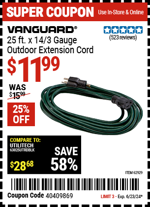 VANGUARD: 25 ft. x 14/3 Gauge Outdoor Extension Cord, Green