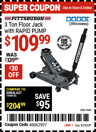 PITTSBURGH: 3 Ton Floor Jack with RAPID PUMP, Slate Gray