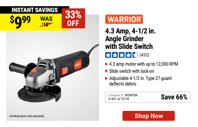 WARRIOR: 4.3 Amp, 4-1/2 in. Angle Grinder with Slide Switch