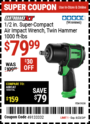 EARTHQUAKE XT: 1/2 in. Super Compact Air Impact Wrench, Twin Hammer, 1000 ft. lbs., Green