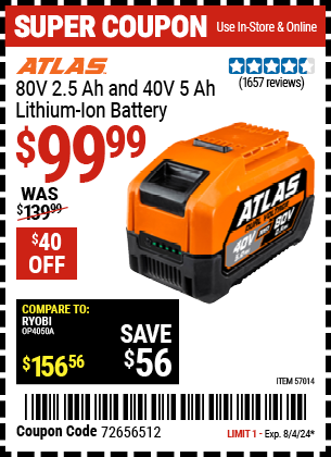 ATLAS: 80V 2.5 Ah and 40V 5.0 Ah Lithium-Ion Battery