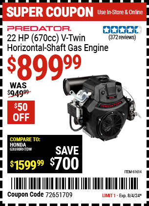 PREDATOR: 22 HP (670cc) V-Twin Horizontal Shaft Gas Engine, EPA