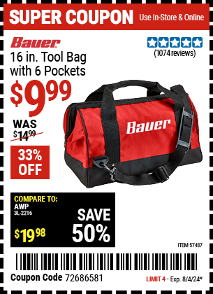 BAUER: 16 in. Tool Bag with 6 Pockets