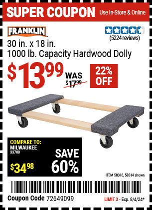 FRANKLIN: 30 in. x 18 in. 1000 lb. Capacity Hardwood Dolly