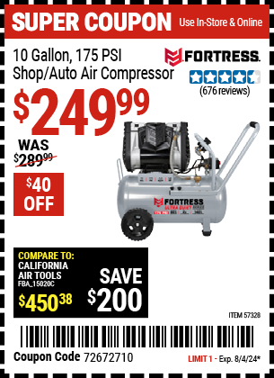 FORTRESS: 10 Gallon, 175 PSI Ultra-Quiet Horizontal Shop/Auto Air Compressor