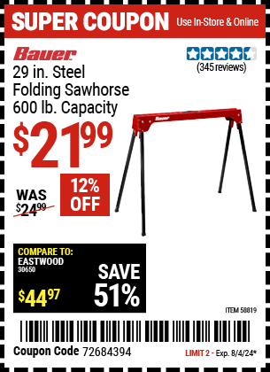 BAUER: 29 in. Steel Folding Sawhorse, 600 lb. Capacity