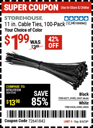 STOREHOUSE: 11 in. UV-Resistant Black Cable Ties, 100-Pack