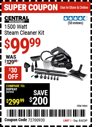 CENTRAL MACHINERY: 1500 Watt Steam Cleaner Kit